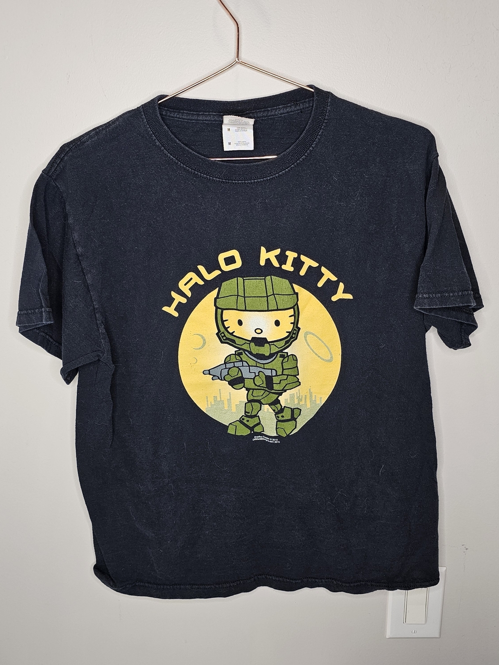 Fruit of the Loom Black Halo Kitty Graphic Tee with Yellow & Green Print